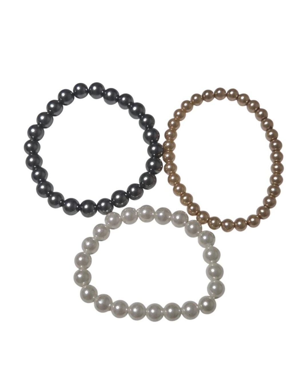 Faux Pearl Beaded Bracelets White Champagne Gray Stretch Set of 3 Retro Jewelry